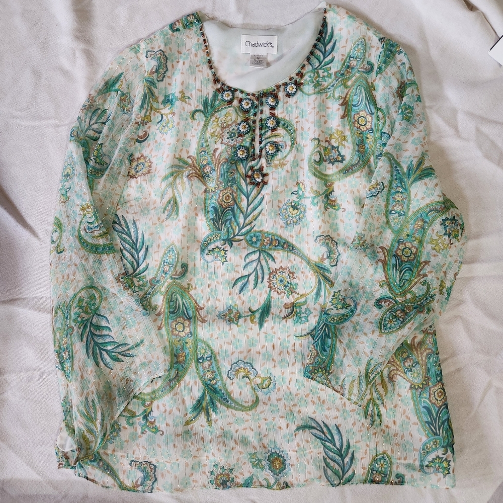 Chadwicks 100% Silk Beaded Paisley Blouse Size 12 | Sheer Embellished Top